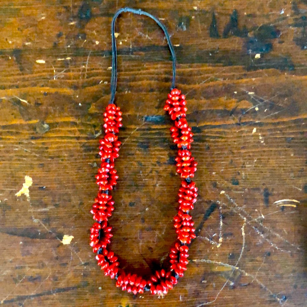 Vintage African artisan crafted red bead bohemian tribal necklace